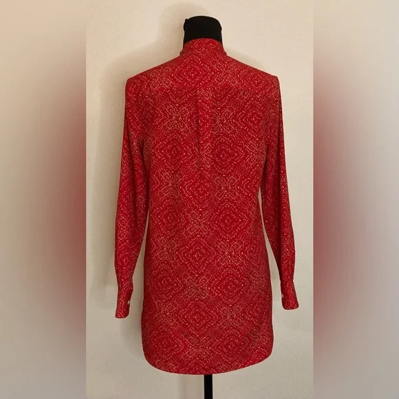 Lauren Ralph- Top Red Print Tab Collar Long Sleeve Chiffon Blouse Size XS - Picture 3 of 4
